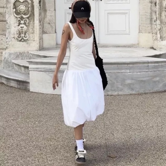 Zara balloon drop waist mixed media white dress - Picture 2 of 10